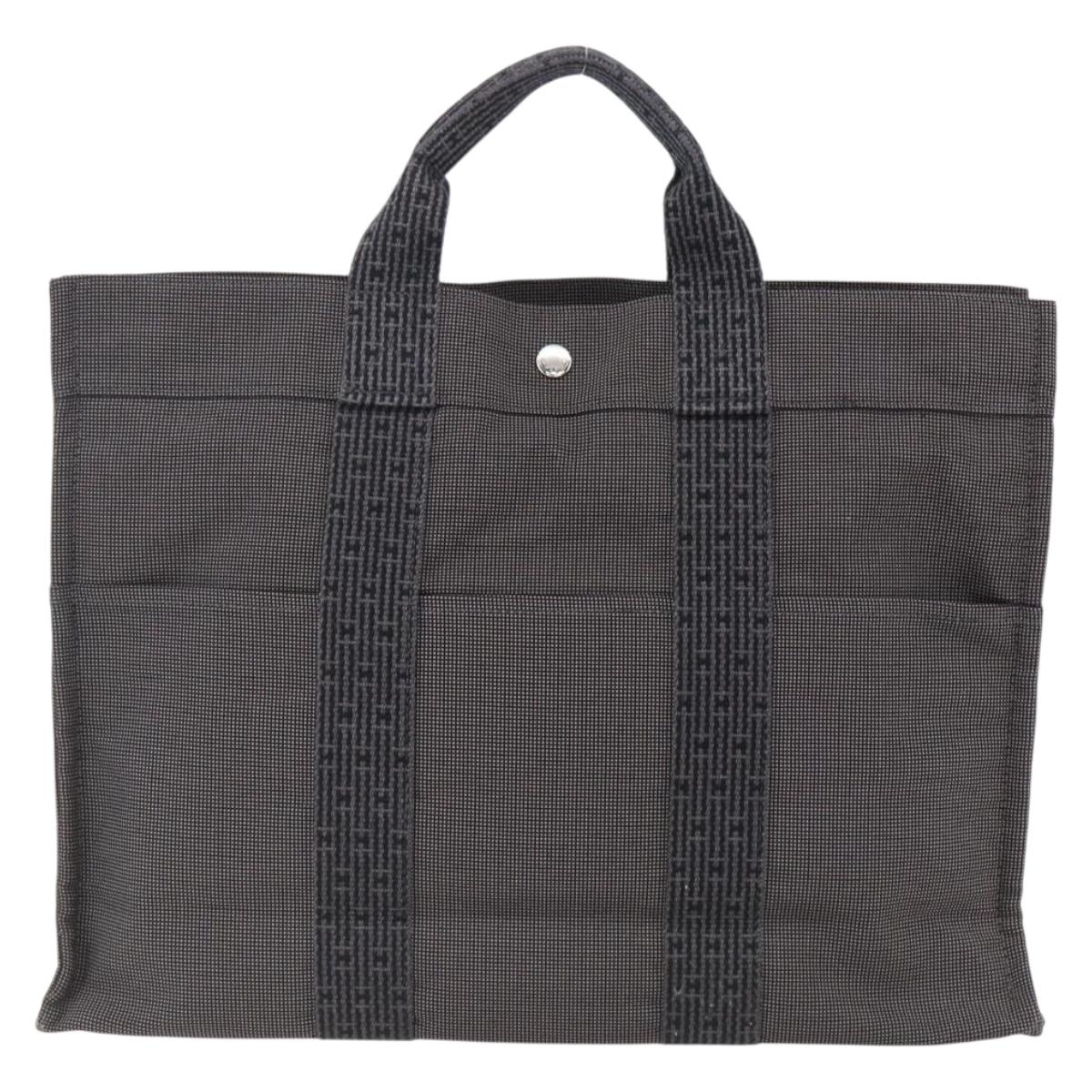 HERMES Her Line Tote MM Hand Bag Canvas Gray Silver Auth 172060