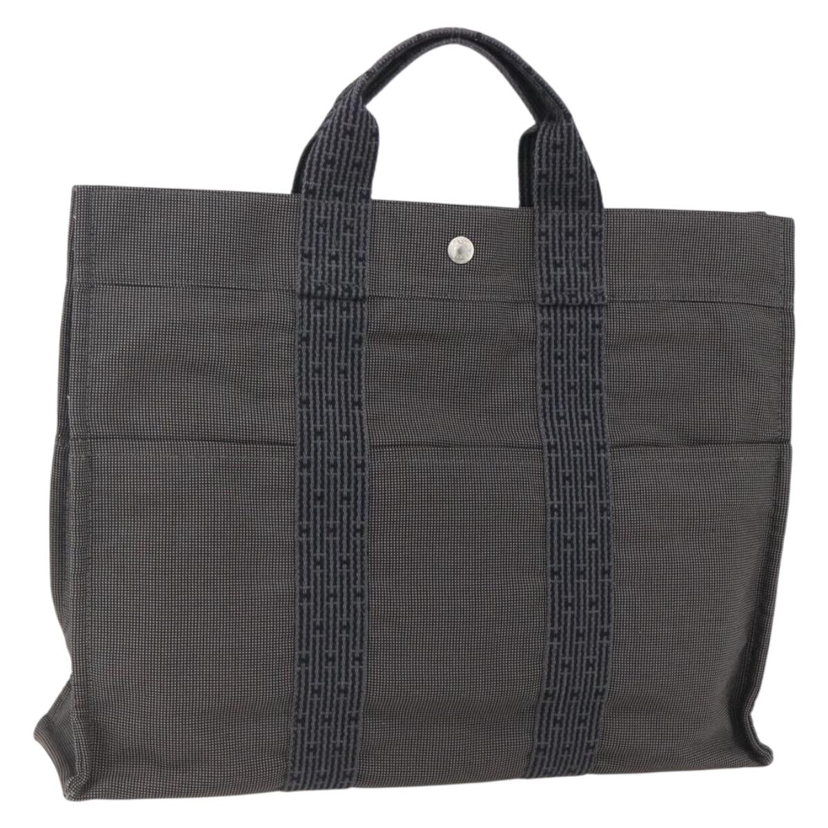 HERMES Her Line Tote MM Hand Bag Canvas Gray Silver Auth 172061