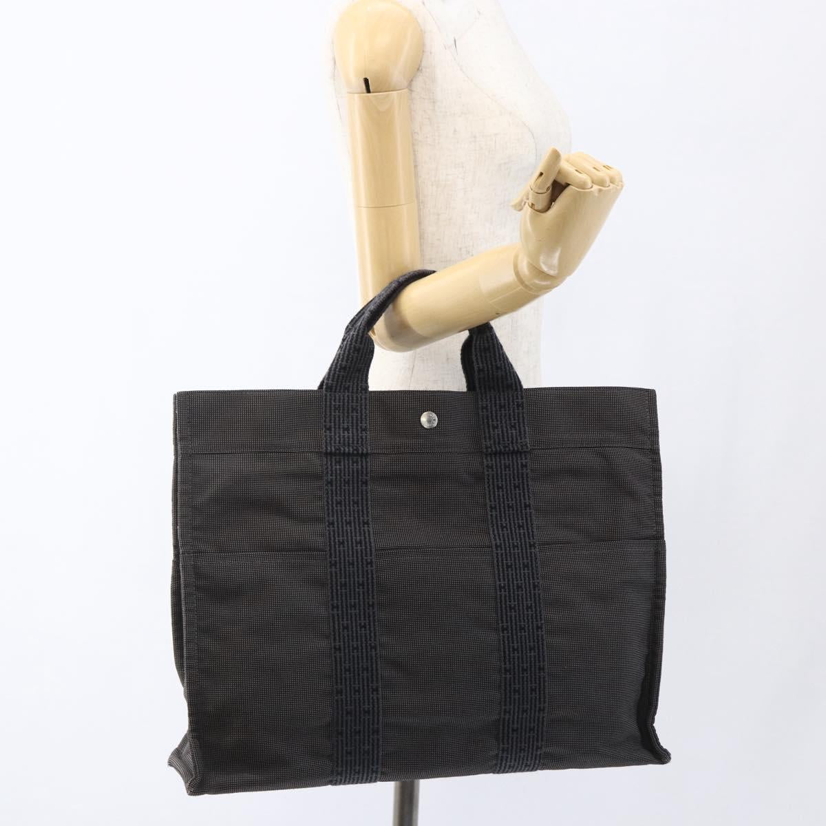HERMES Her Line Tote MM Hand Bag Canvas Gray Silver Auth 172061