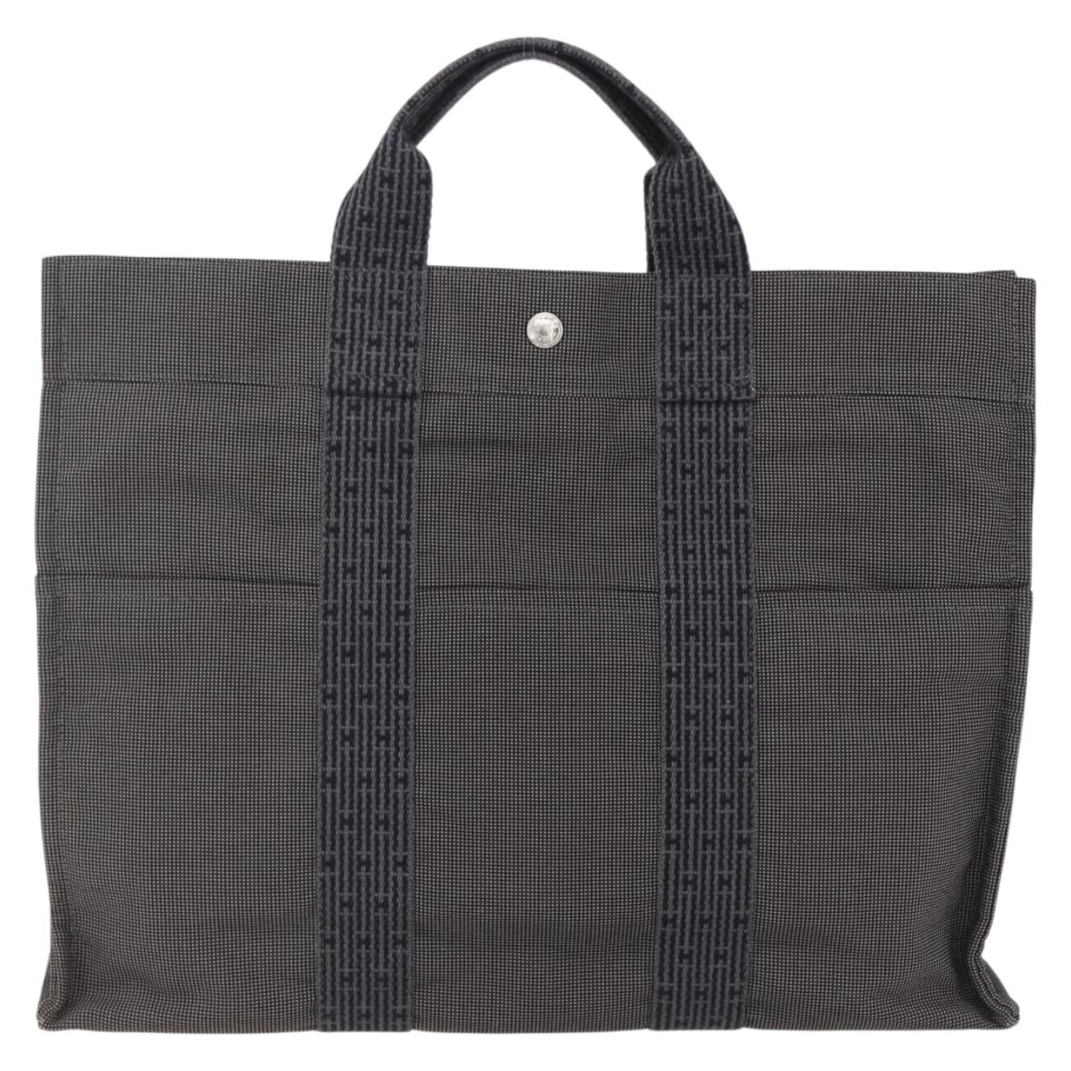 HERMES Her Line Tote MM Hand Bag Canvas Gray Silver Auth 172061