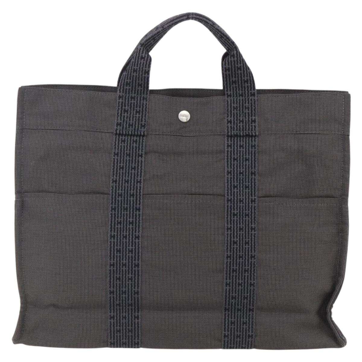 HERMES Her Line Tote MM Hand Bag Canvas Gray Silver Auth 172061
