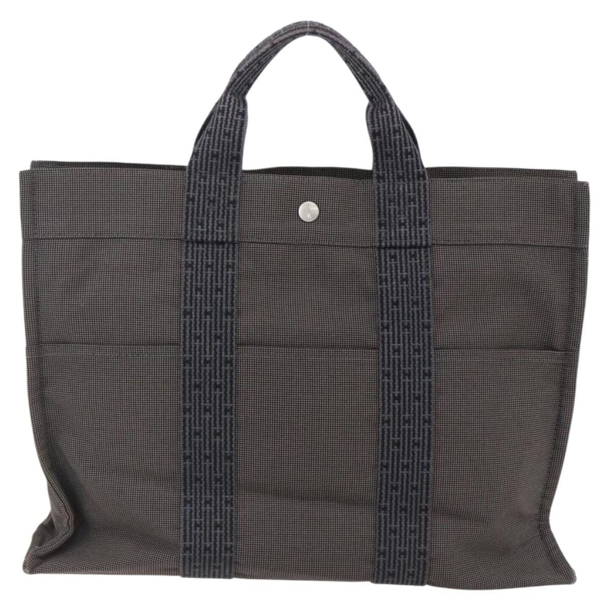 HERMES Her Line Tote MM Hand Bag Canvas Gray Silver Auth 172062