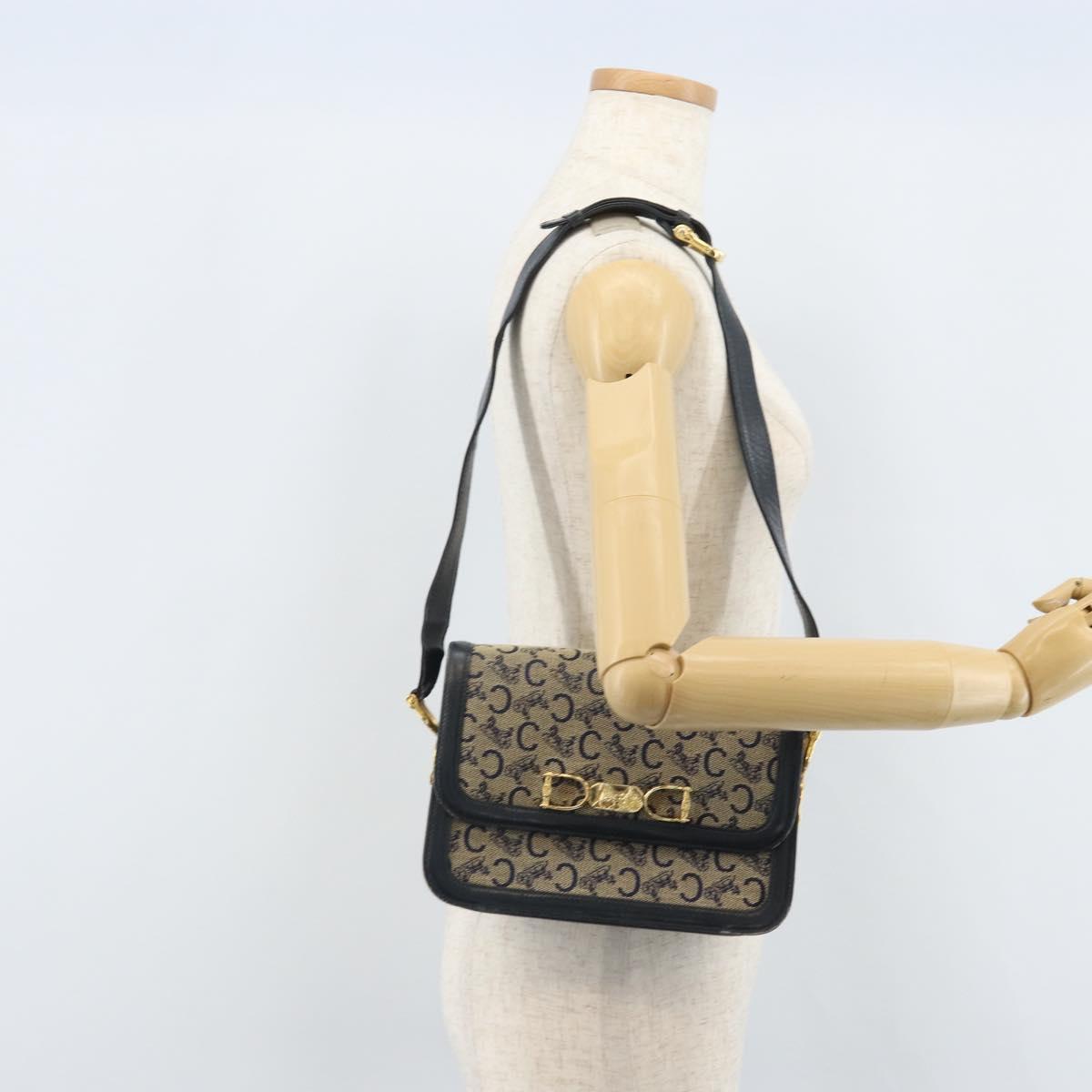 CELINE C Sulky Shoulder Bag Canvas Navy Gold Auth 172177