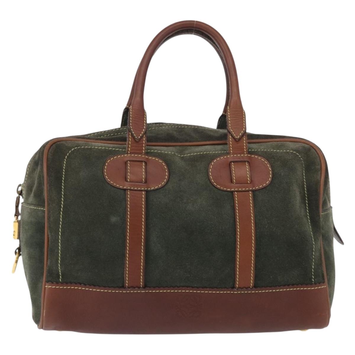 LOEWE Anagram Hand Bag Suede Green Gold Auth 172213
