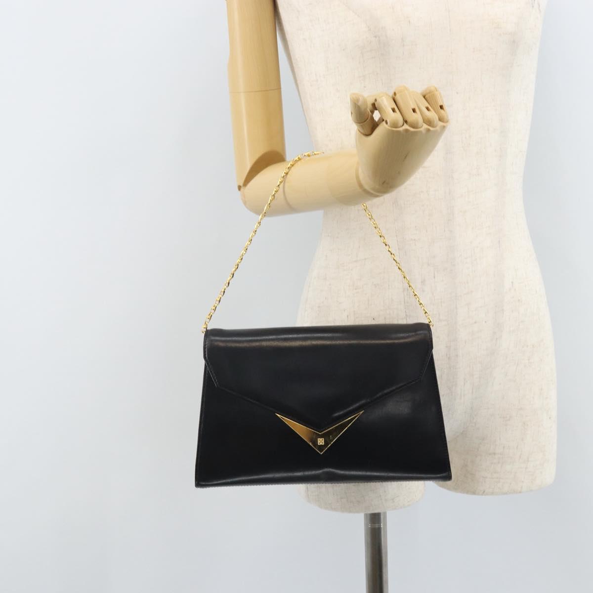 GIVENCHY Chain Hand Bag Leather Black Gold Auth 172216
