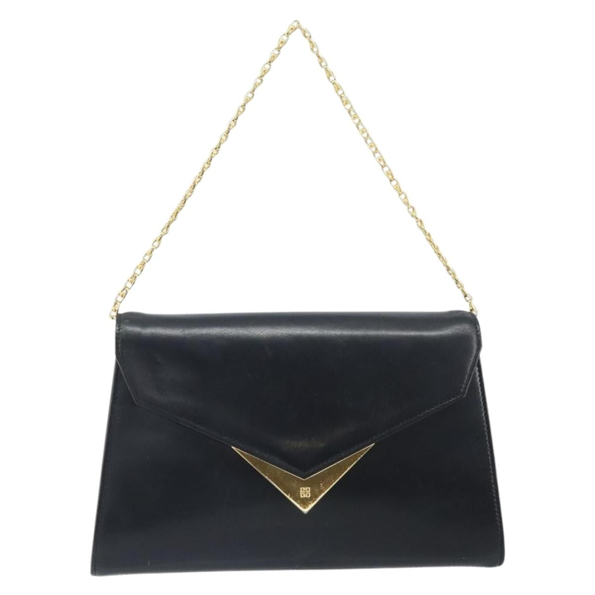 GIVENCHY Chain Hand Bag Leather Black Gold Auth 172216