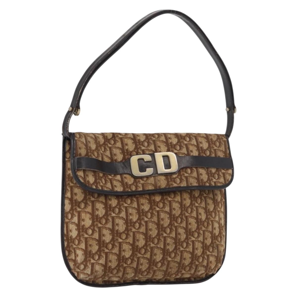 Christian Dior Trotter Canvas Shoulder Bag Brown Gold Auth 172219
