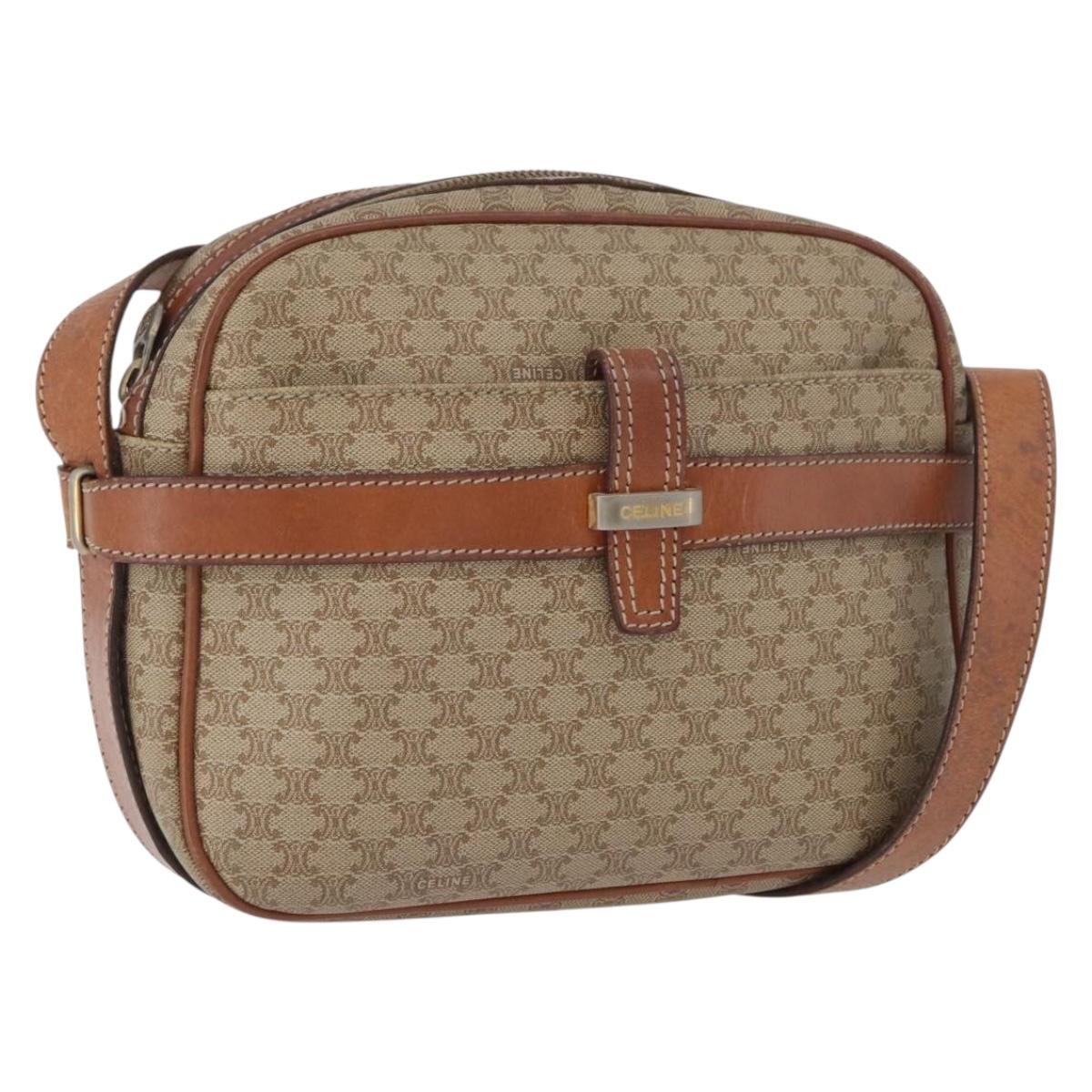 CELINE Macadam Canvas Shoulder Bag PVC Leather Beige Gold Auth 172225