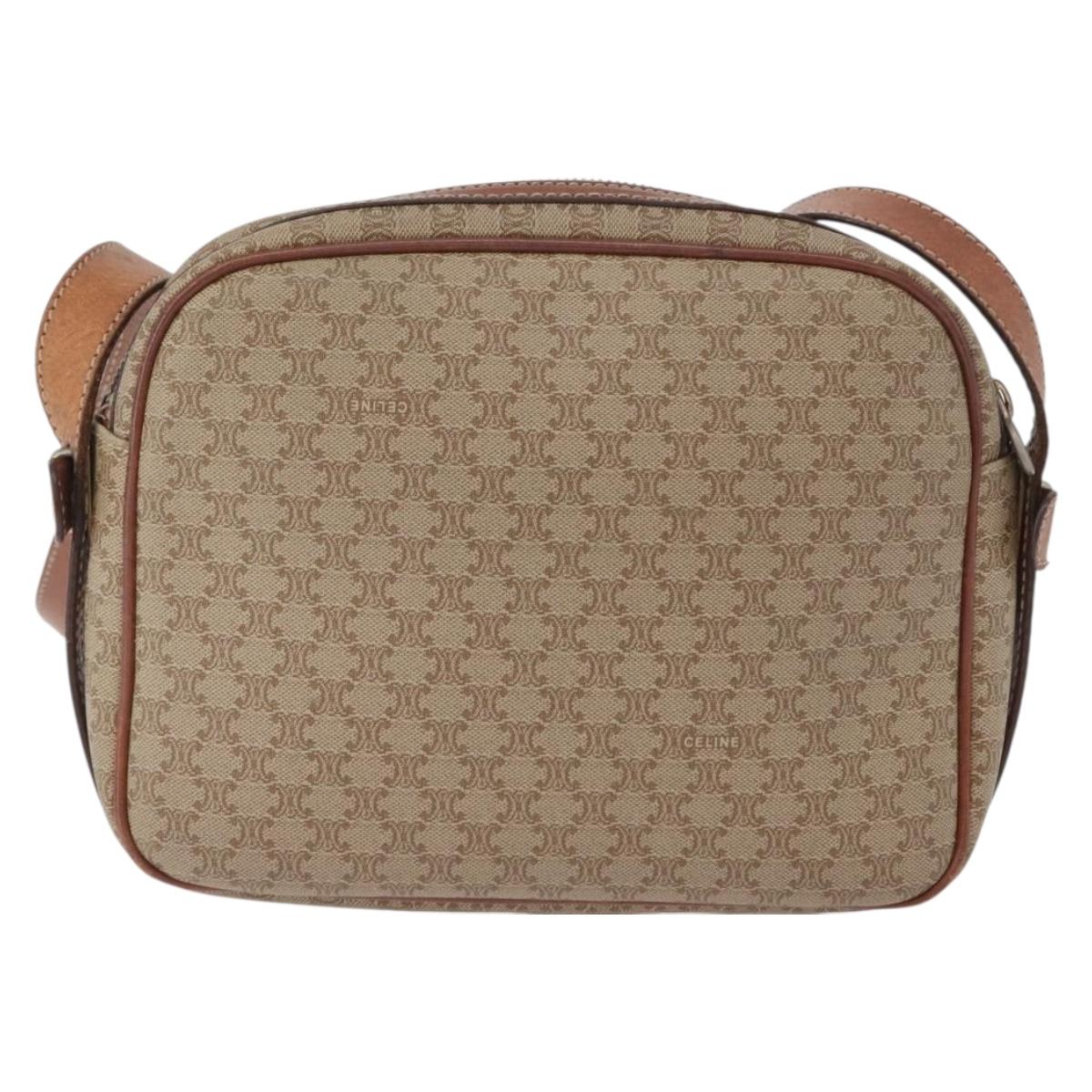 CELINE Macadam Canvas Shoulder Bag PVC Leather Beige Gold Auth 172225