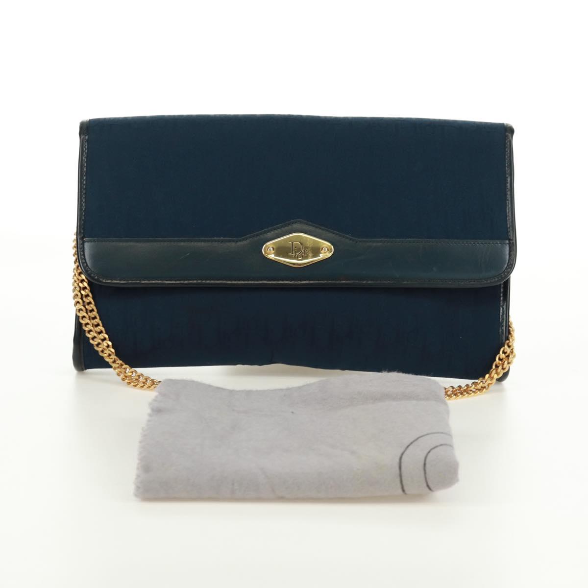 Christian Dior Chain Trotter Canvas Shoulder Bag Navy Gold Auth 172233V