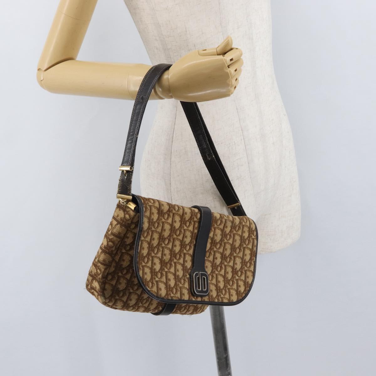 Christian Dior Trotter Canvas Shoulder Bag Brown Gold Auth 172238