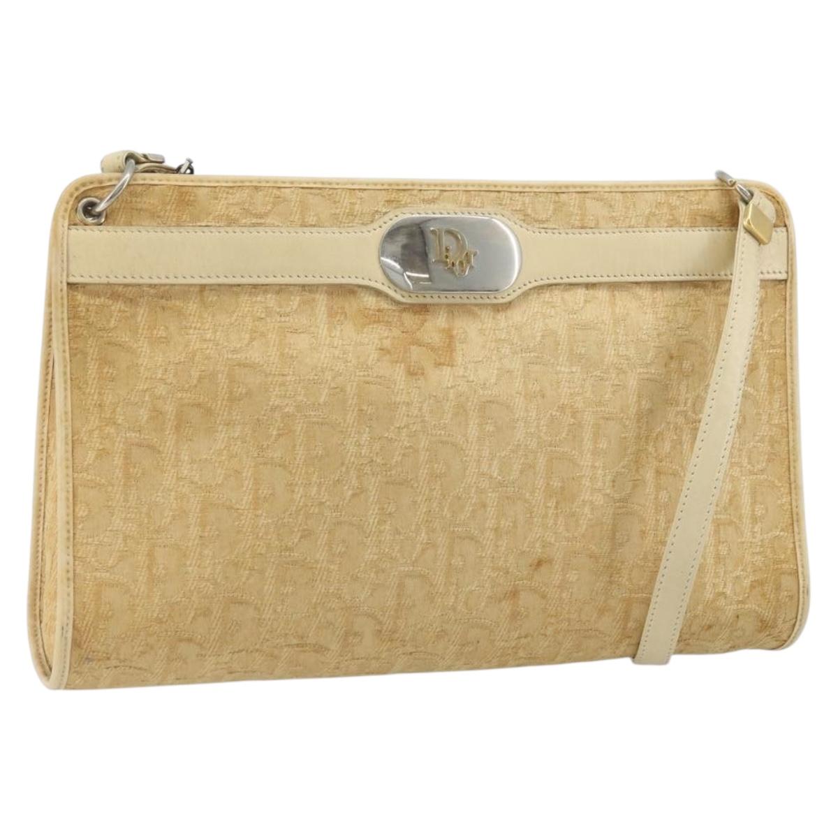 Christian Dior Trotter Canvas Shoulder Bag Beige Gold Auth 172239
