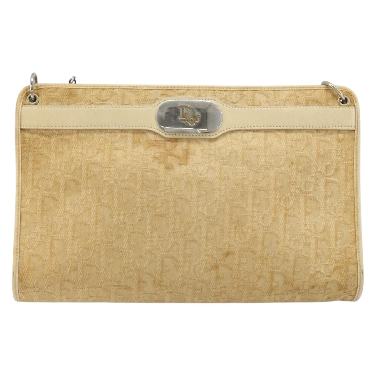 Christian Dior Trotter Canvas Shoulder Bag Beige Gold Auth 172239