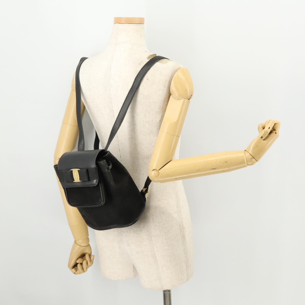 Salvatore Ferragamo Vara Ribbon Backpack Leather Black Gold Auth 172240