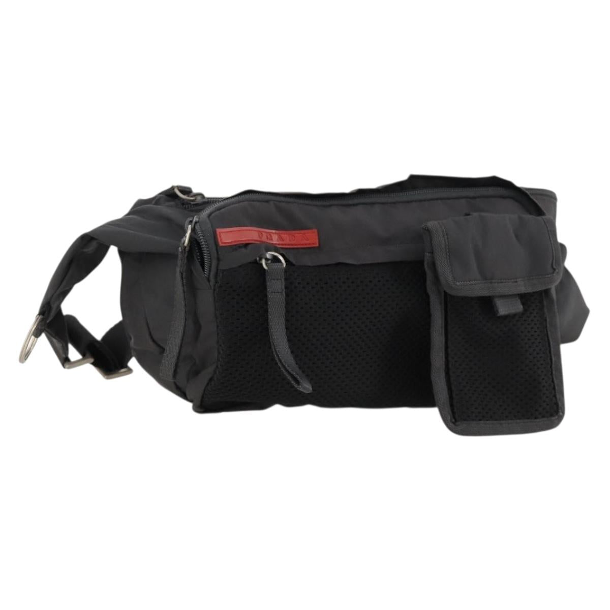 PRADA Sports Body Bag Nylon Black Silver Auth 172262