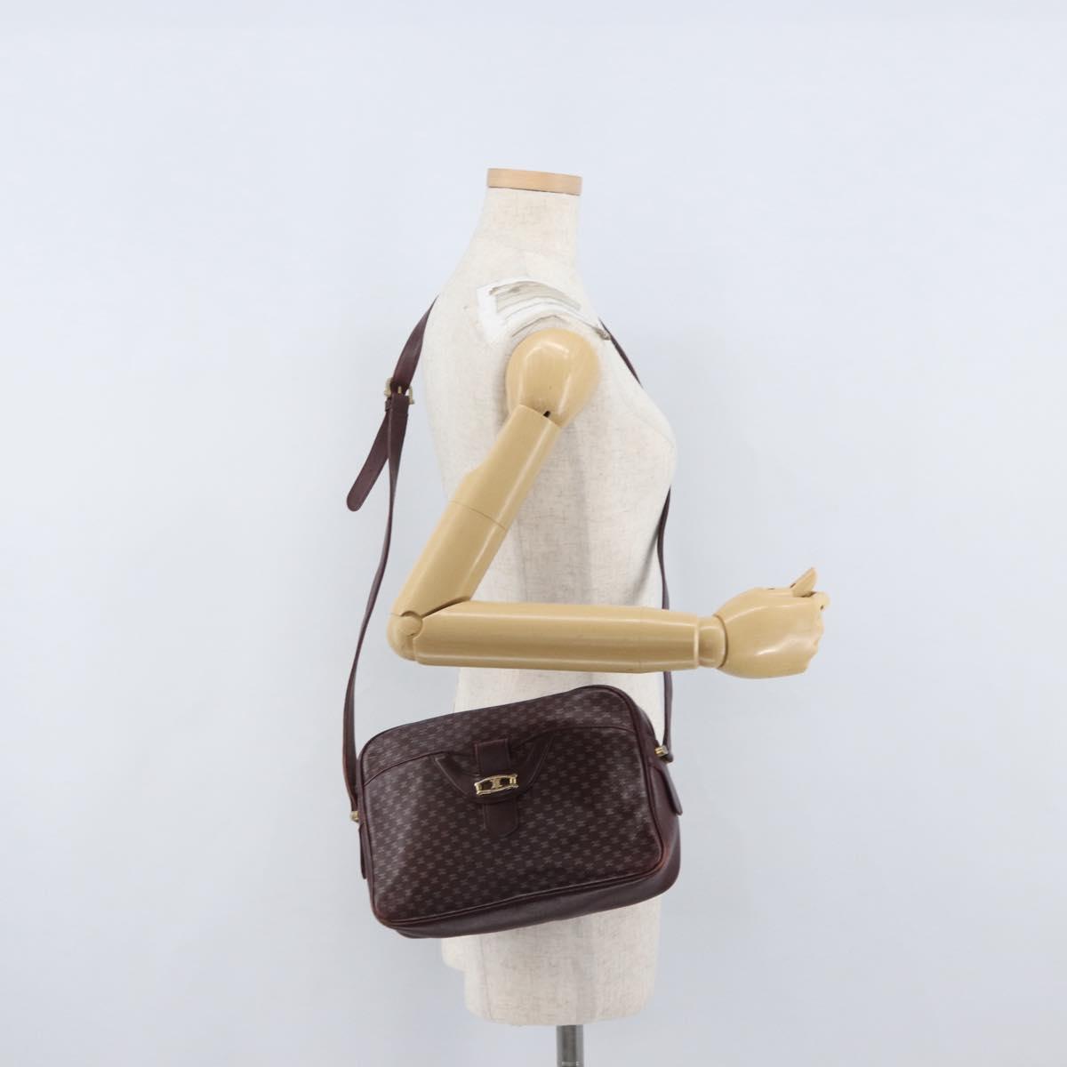 CELINE Macadam Canvas Shoulder Bag Leather Gold Bordeaux Auth 172287