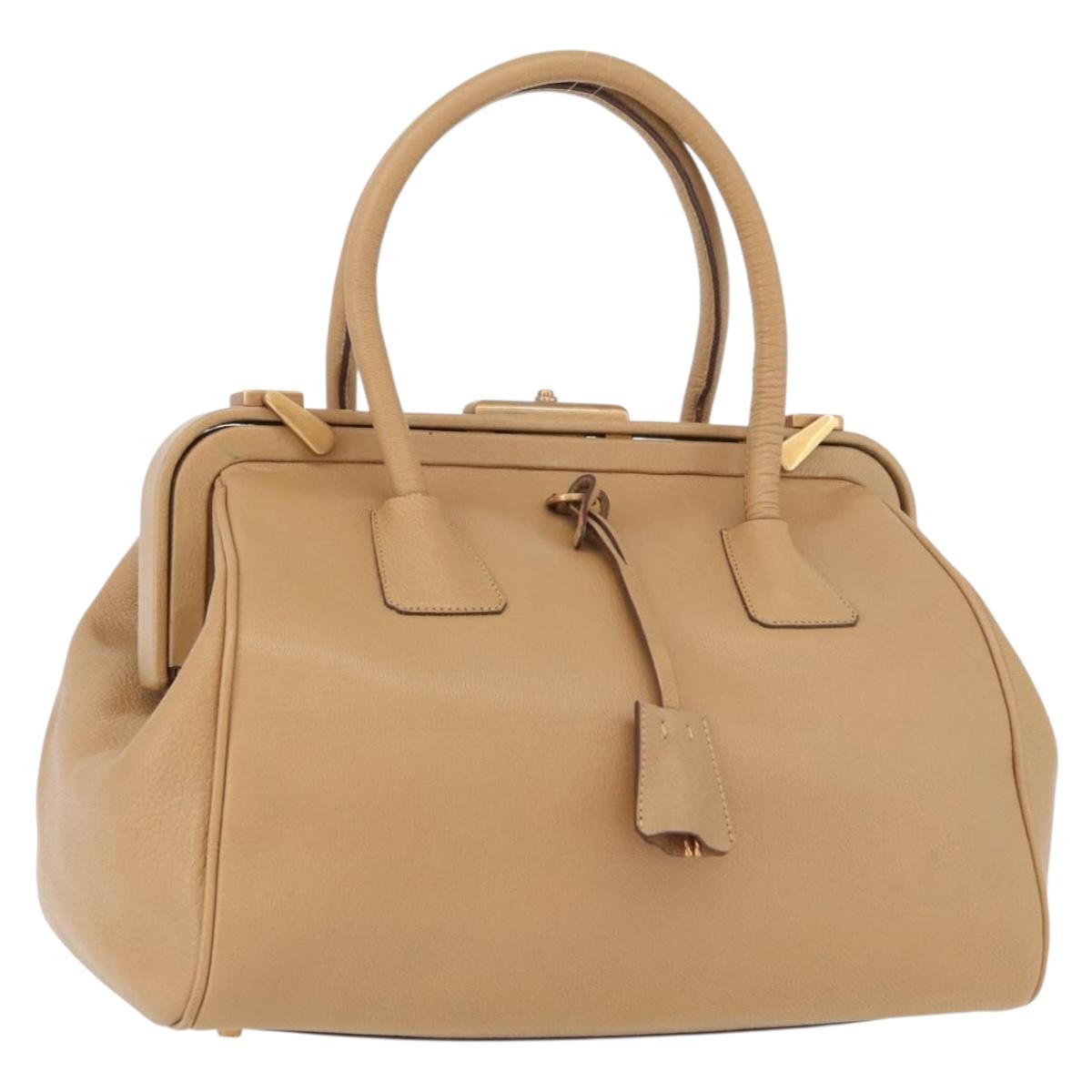 PRADA Hand Bag Leather Beige Gold Auth 172291