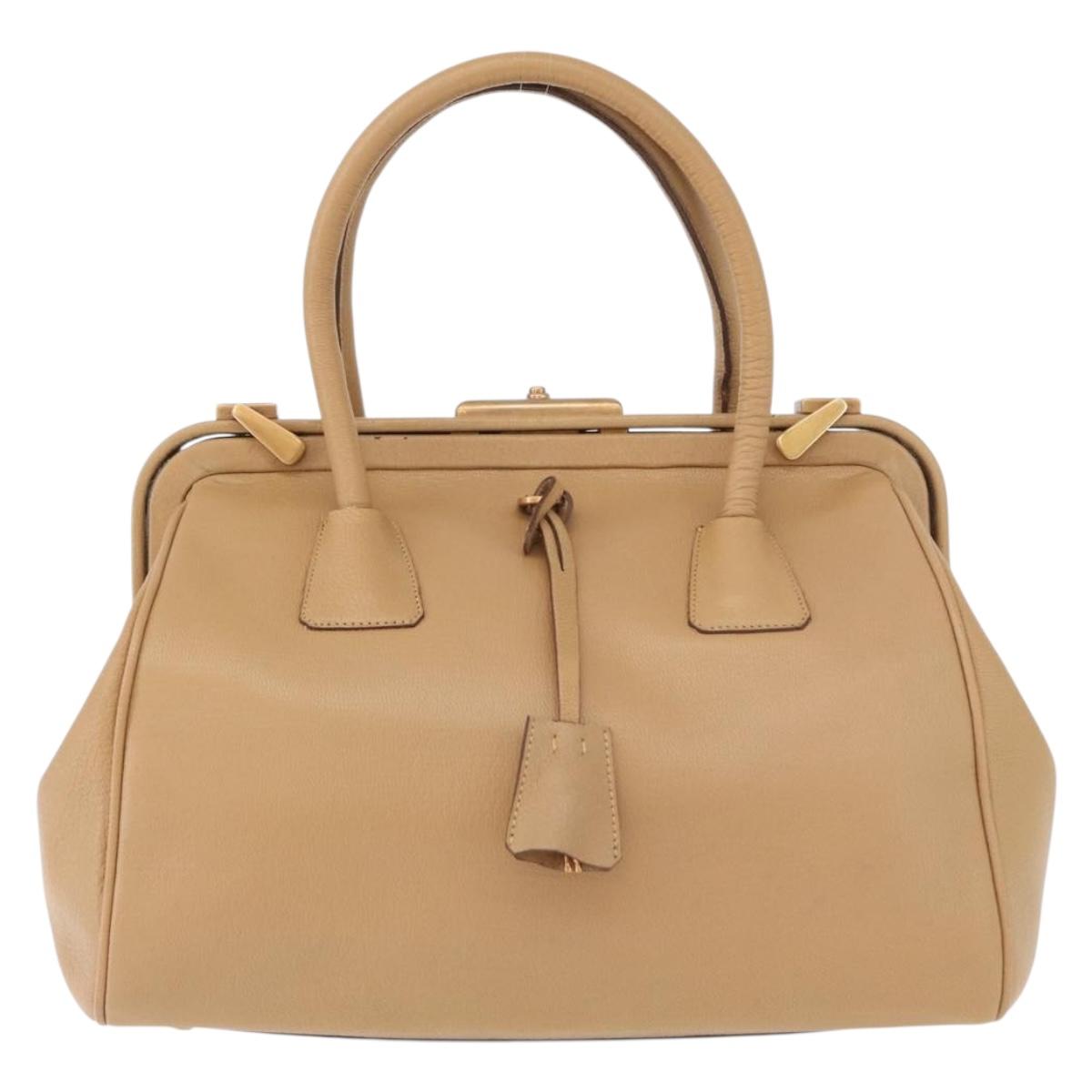 PRADA Hand Bag Leather Beige Gold Auth 172291