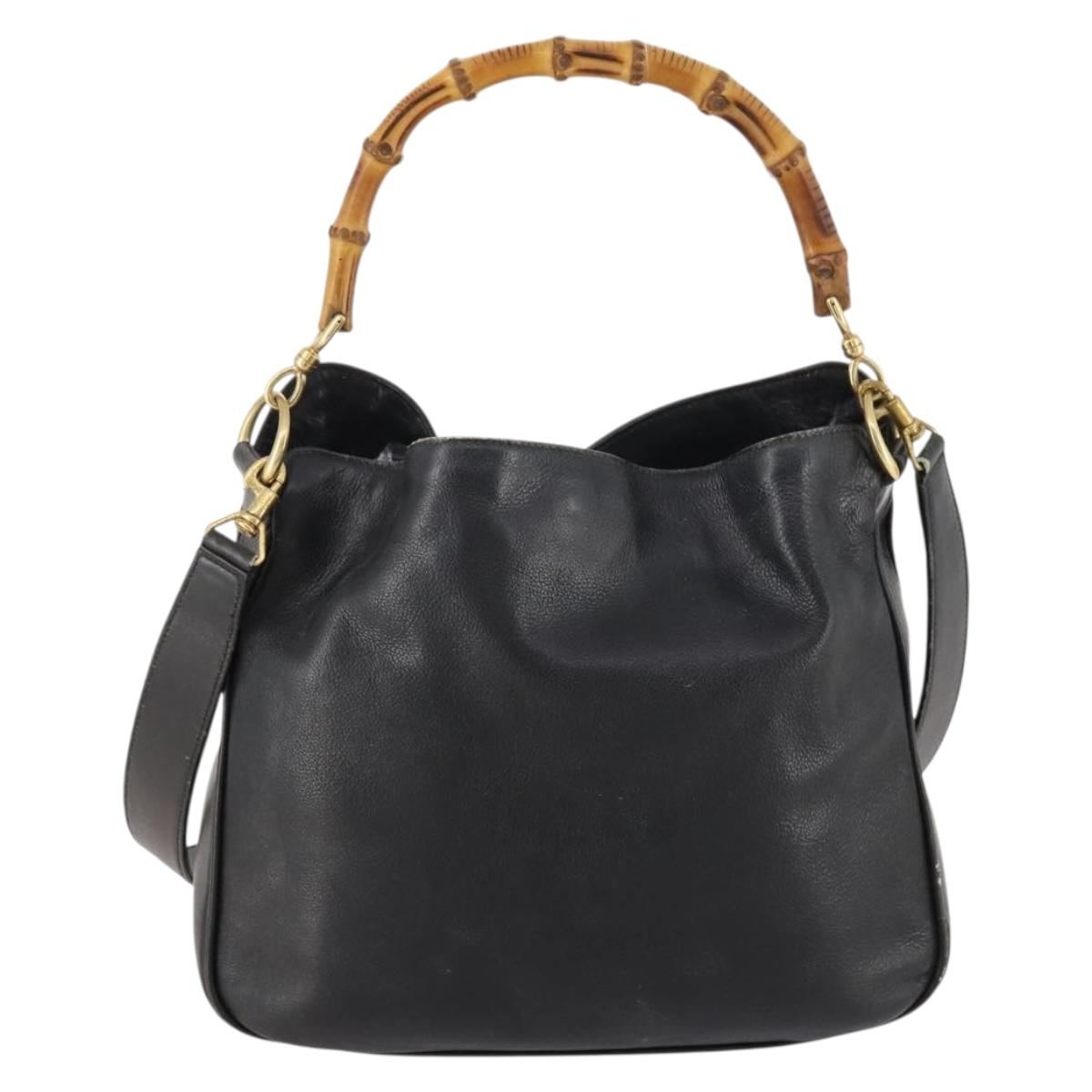 GUCCI Bamboo Hand Bag Leather 2way Black Gold Auth 172300