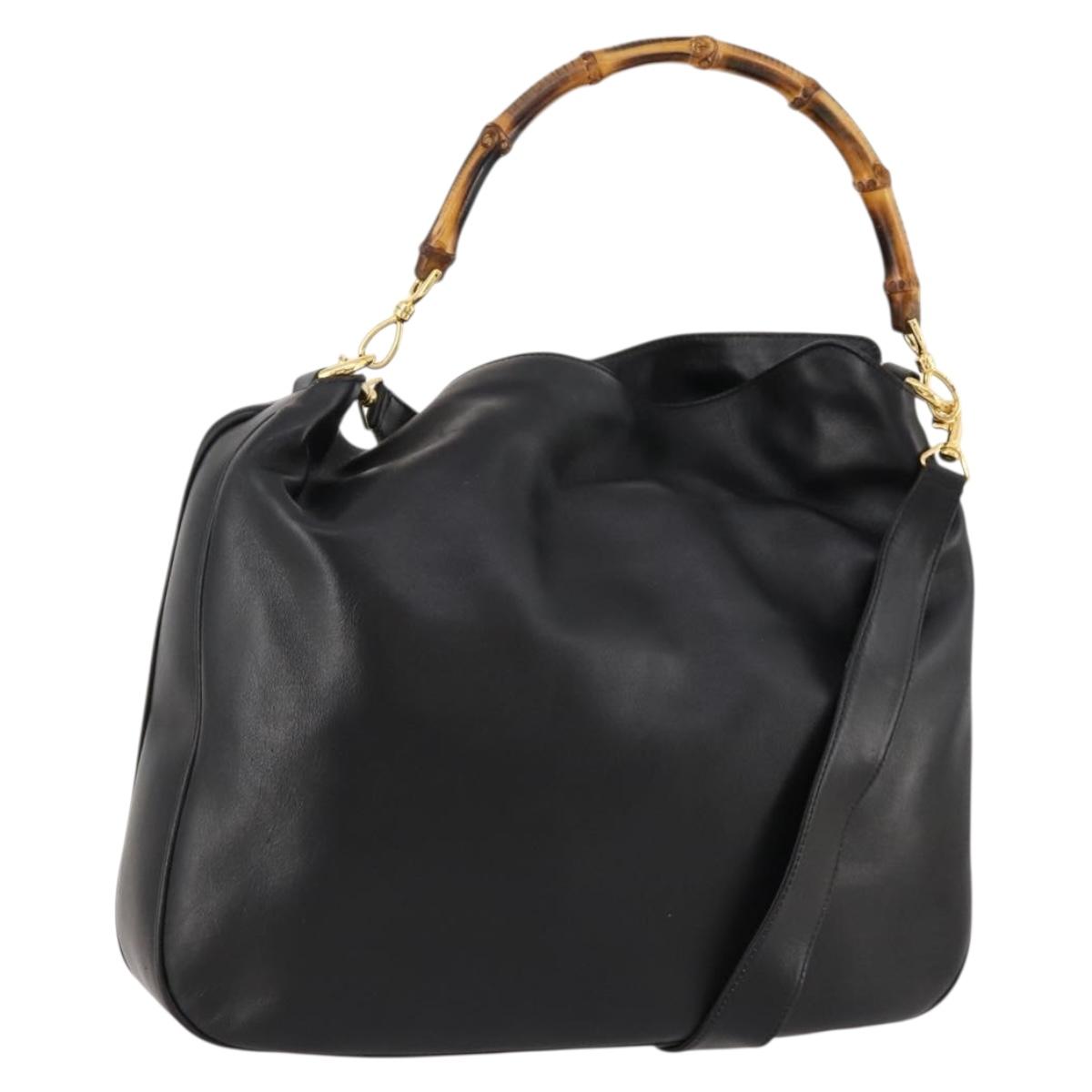 GUCCI Bamboo Shoulder Bag Leather 2way Black Gold 001 1014 1577 Auth 172306