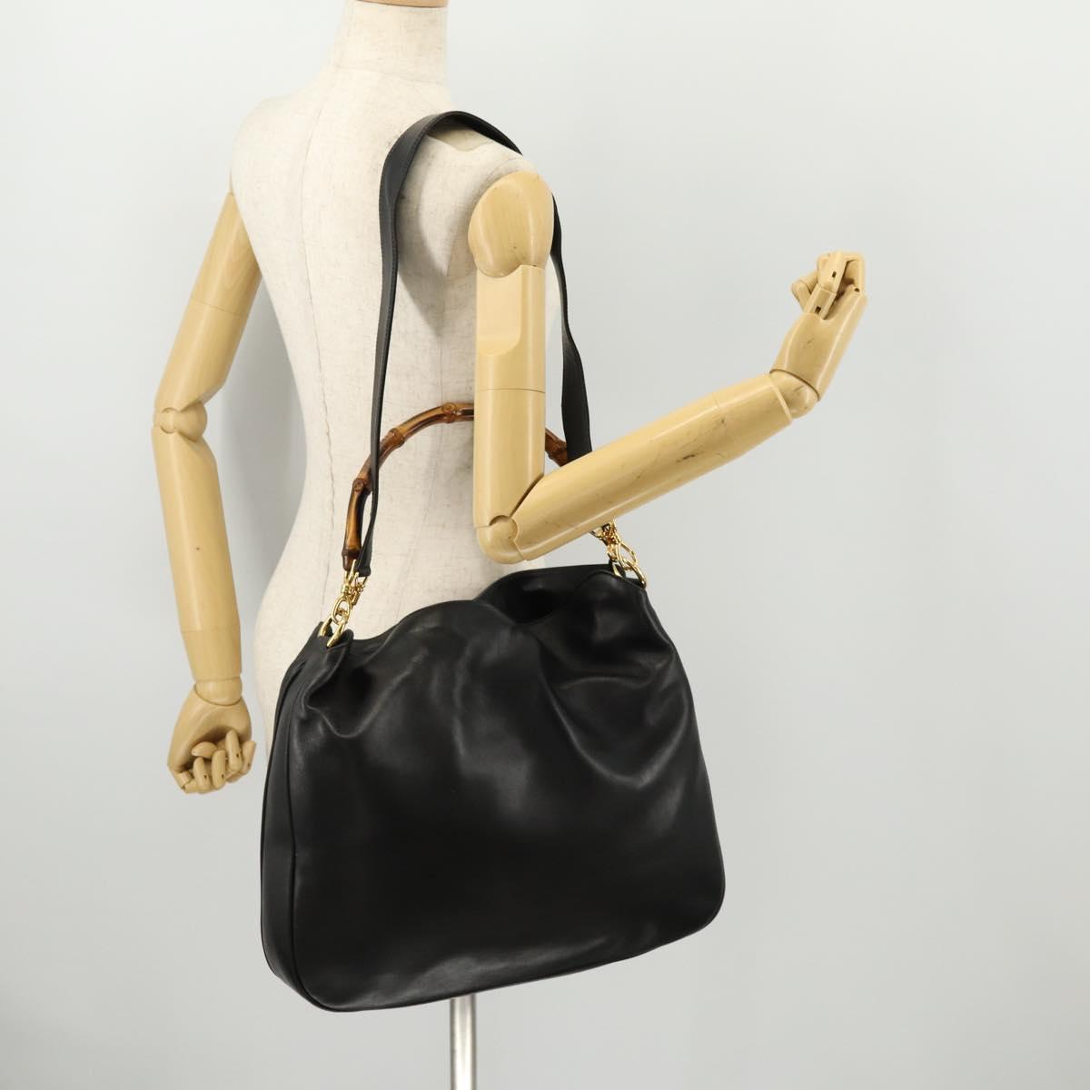GUCCI Bamboo Shoulder Bag Leather 2way Black Gold 001 1014 1577 Auth 172306