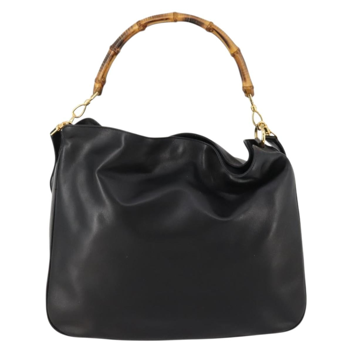 GUCCI Bamboo Shoulder Bag Leather 2way Black Gold 001 1014 1577 Auth 172306