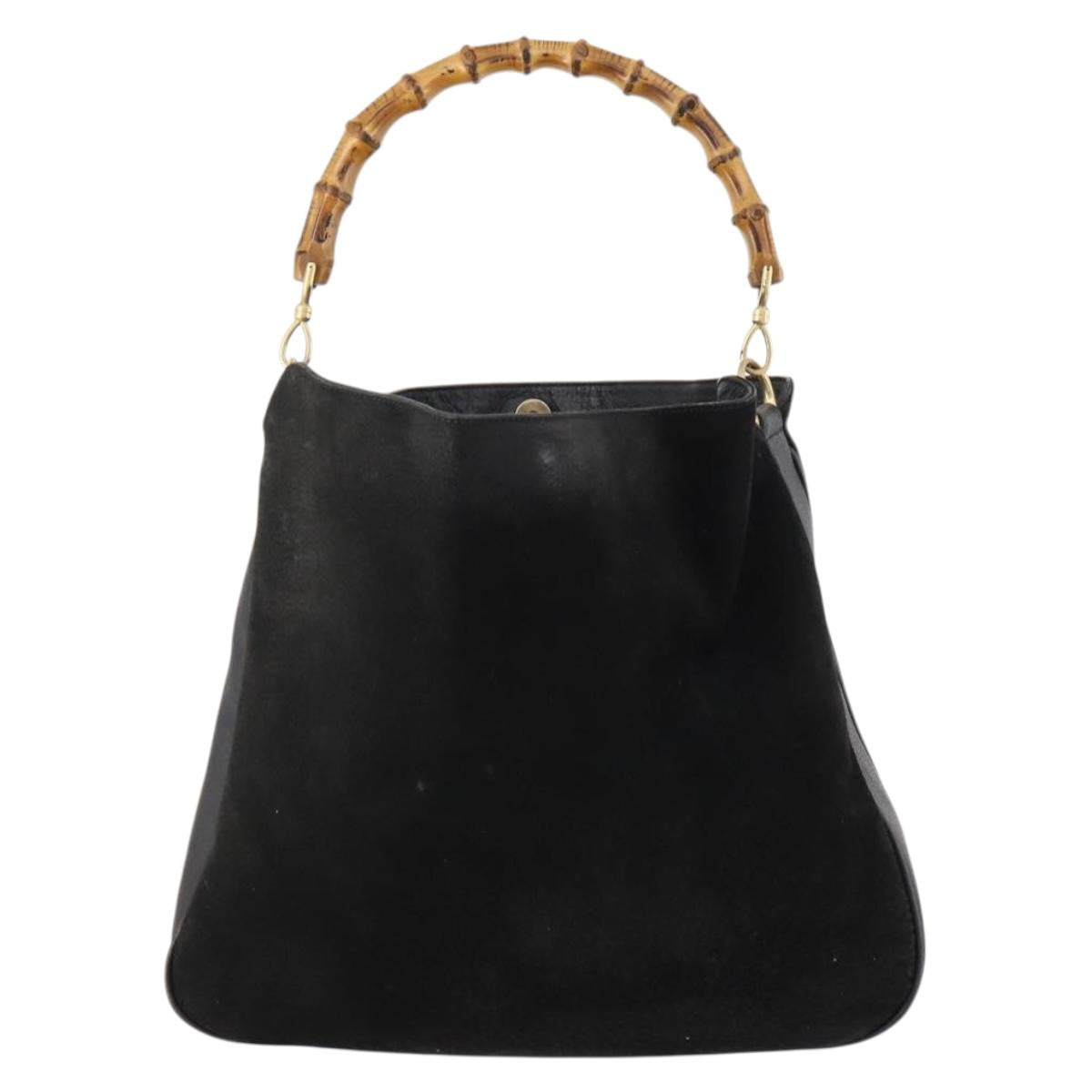 GUCCI Bamboo Shoulder Bag Leather Black Gold 001 1998 1577 Auth 172308
