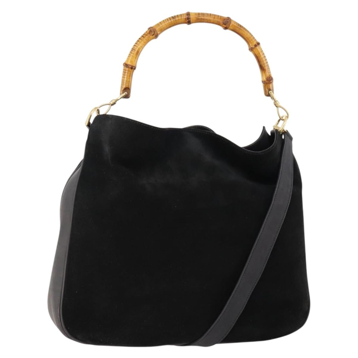 GUCCI Bamboo Shoulder Bag Suede 2way Black Gold Auth 172309