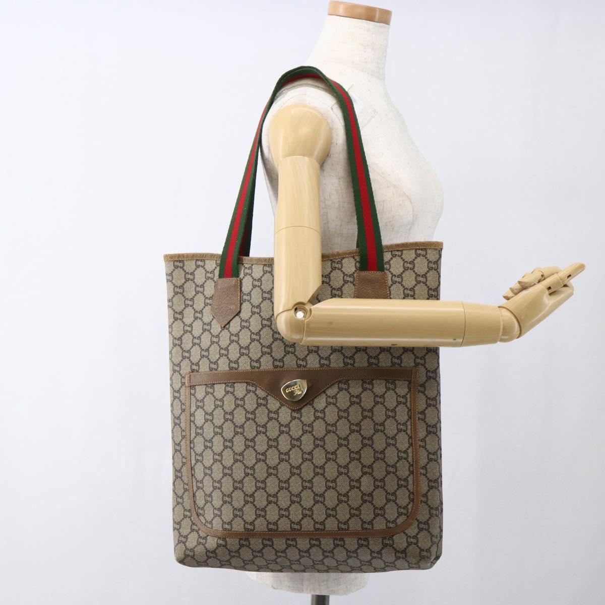 GUCCI GG Plus Supreme Web Sherry Line Tote Bag PVC Beige Red Auth 172313