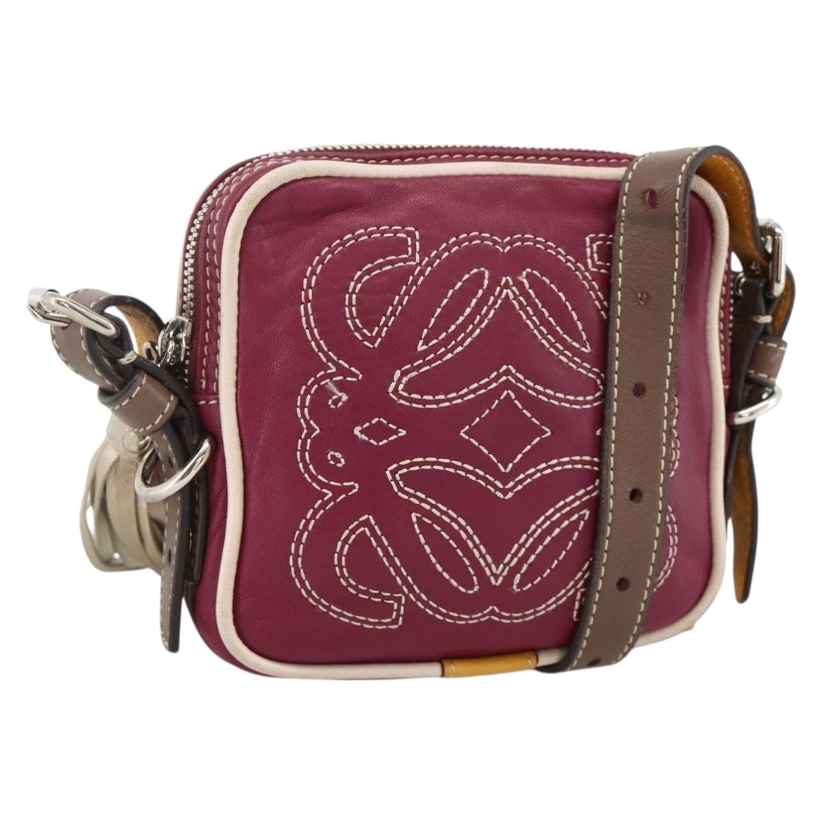 LOEWE Anagram Shoulder Bag Leather Silver Red Auth 172343V