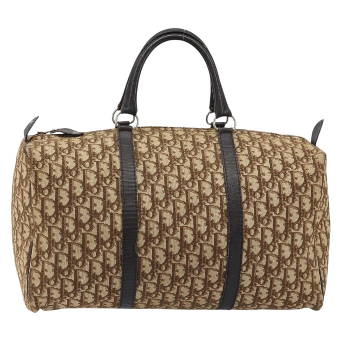 Christian Dior Trotter Canvas Boston Bag Beige Silver Auth 172362