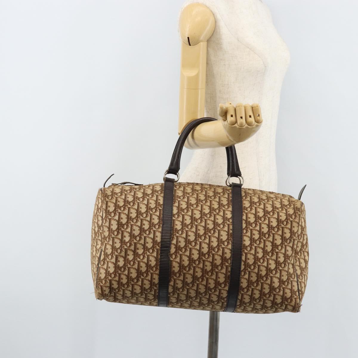 Christian Dior Trotter Canvas Boston Bag Beige Silver Auth 172362