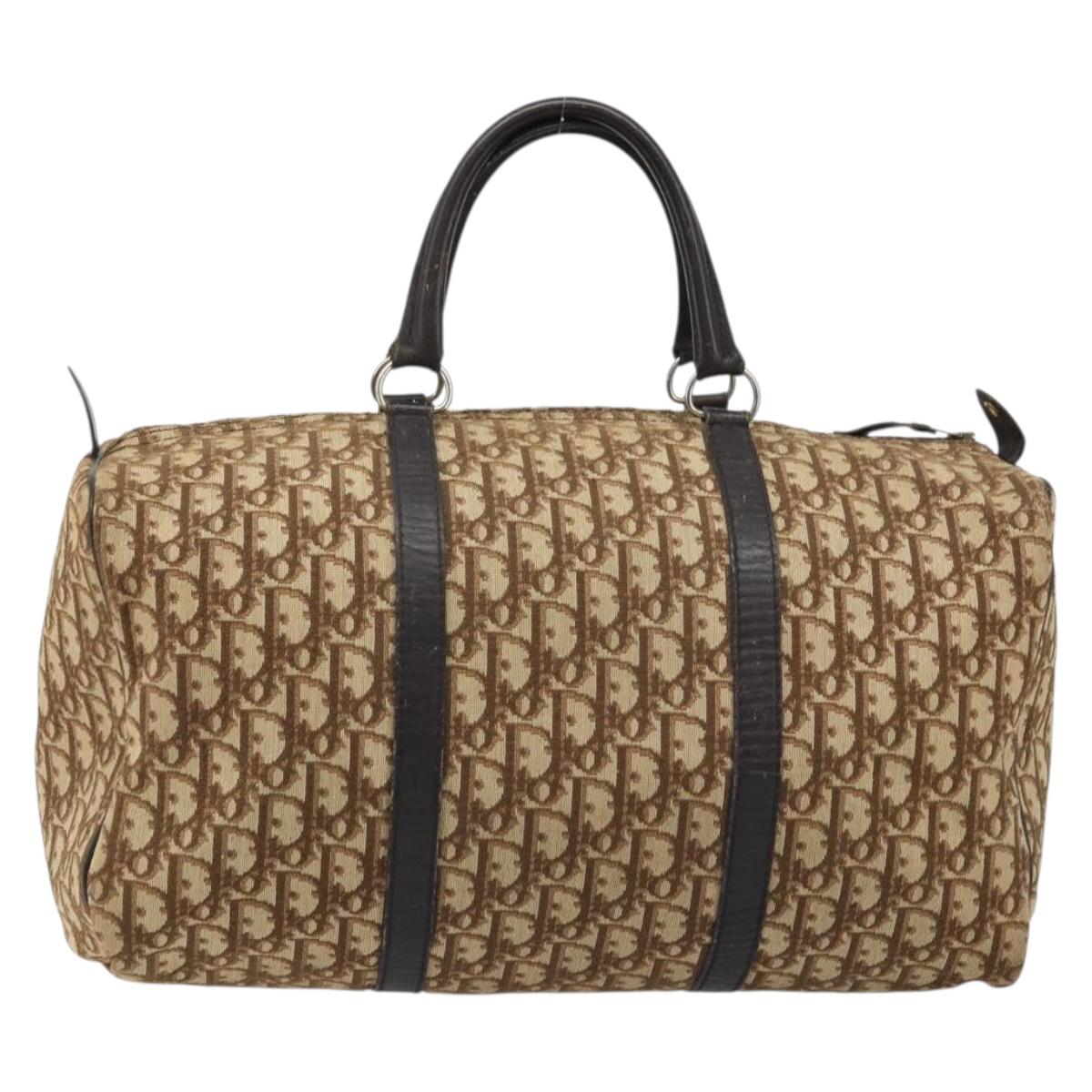 Christian Dior Trotter Canvas Boston Bag Beige Silver Auth 172362