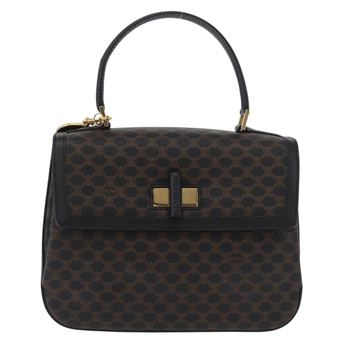 CELINE Circle Macadam Canvas Hand Bag PVC Leather Black Gold Auth 172374
