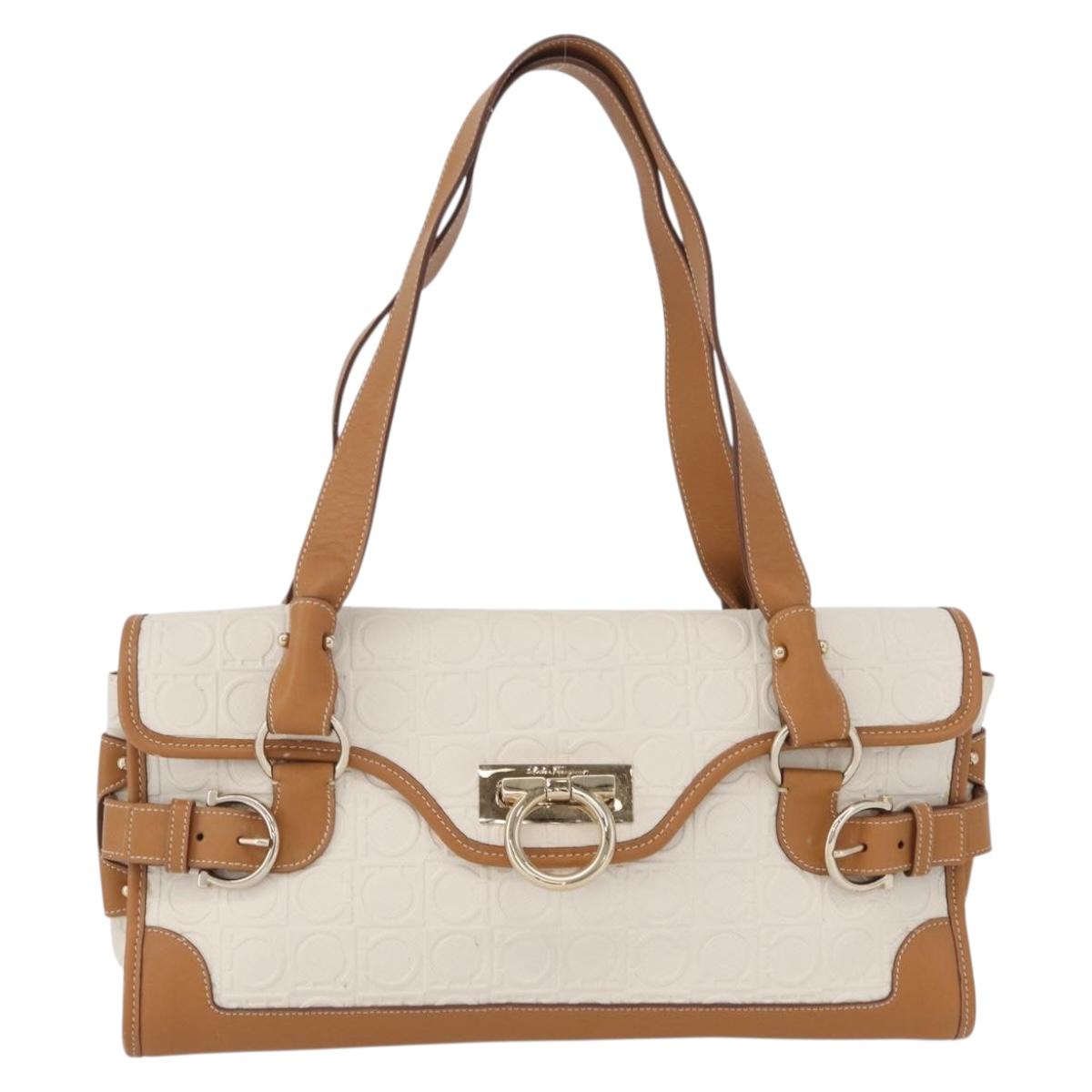Salvatore Ferragamo Gancini Hand Bag PVC Canvas White Gold Auth 172375
