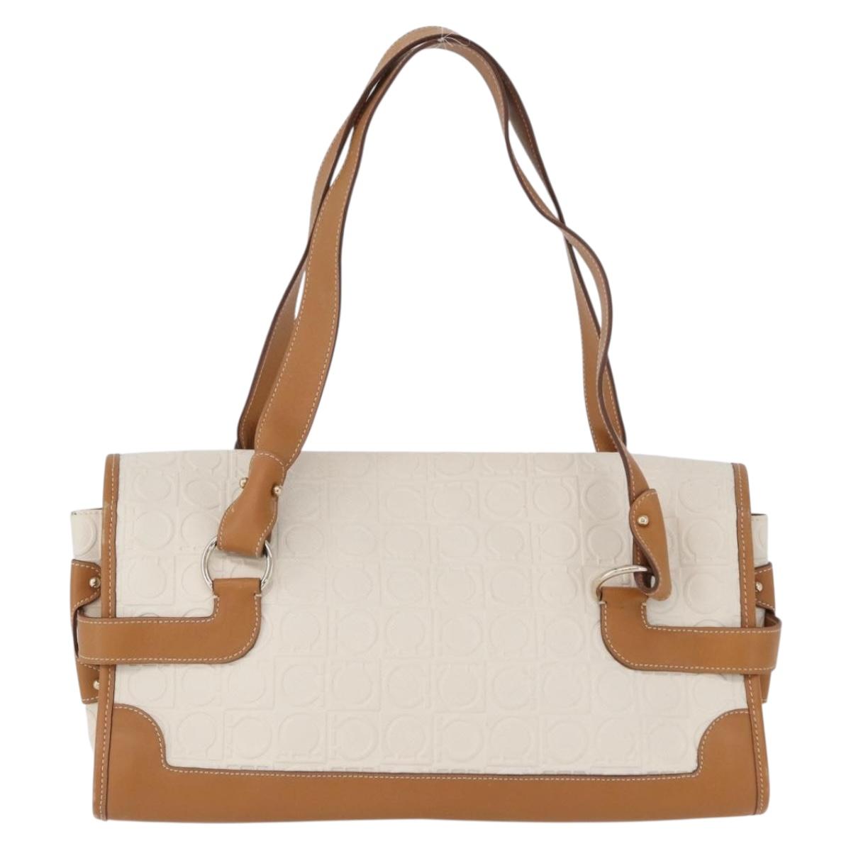 Salvatore Ferragamo Gancini Hand Bag PVC Canvas White Gold Auth 172375