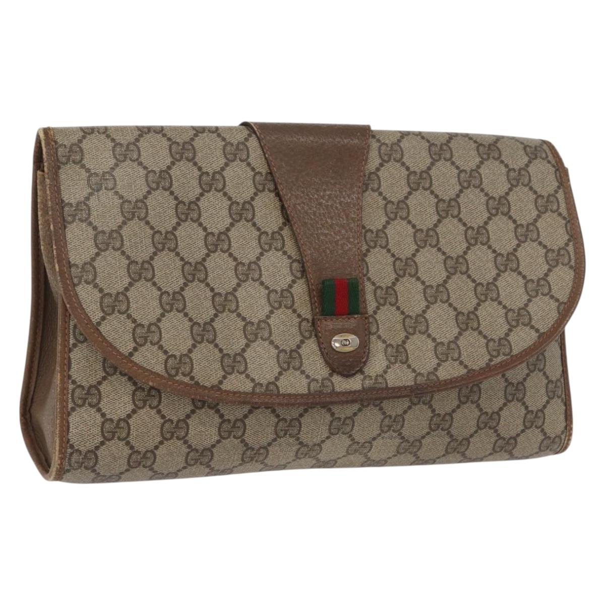 GUCCI GG Supreme Web Sherry Line Clutch Bag PVC Beige Gold 89 01 031 Auth 172384