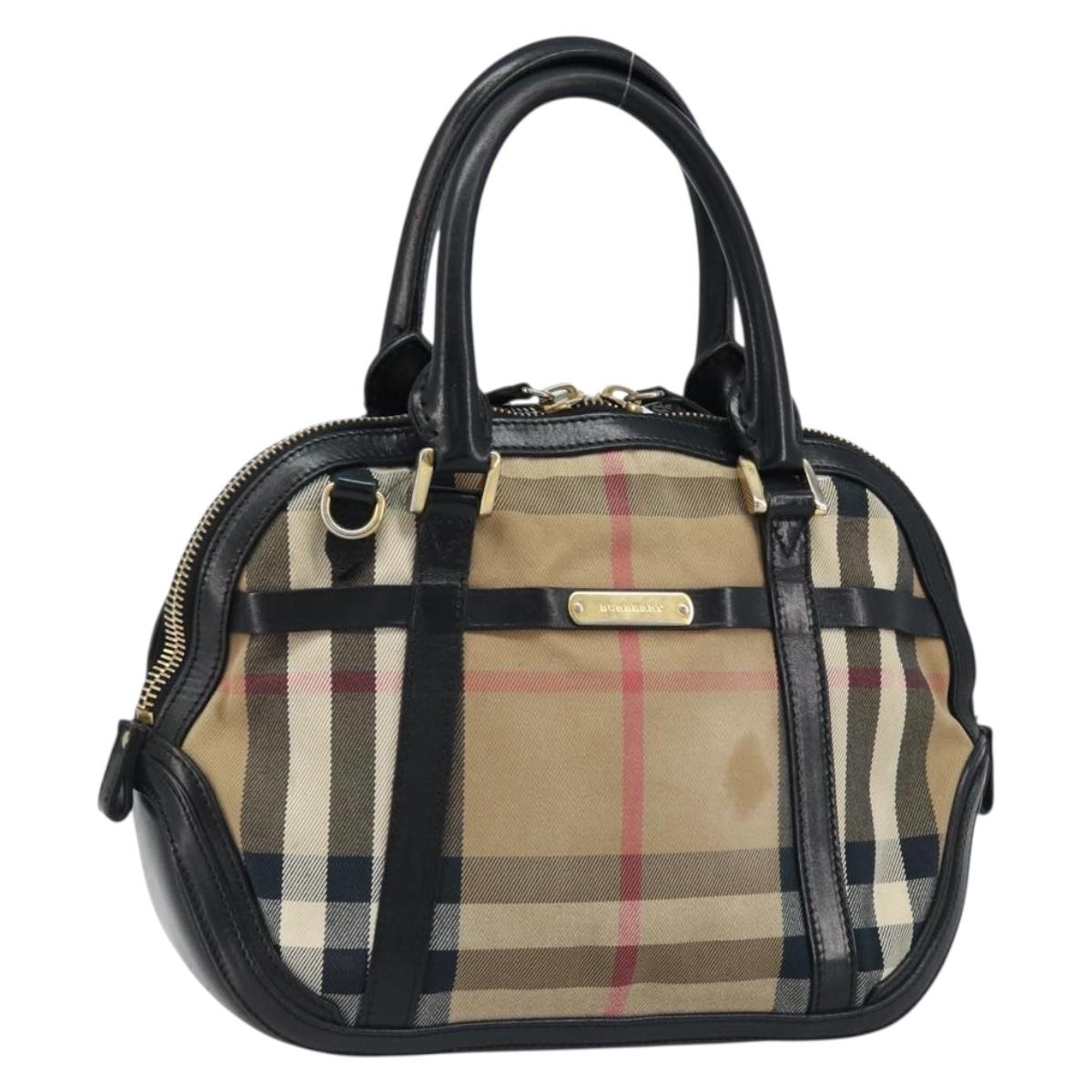 BURBERRY Nova Check Hand Bag Canvas Beige Gold Auth 172387