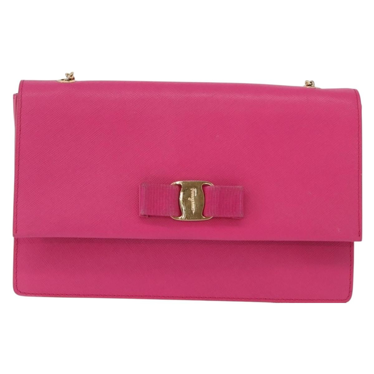 Salvatore Ferragamo Vala Chain Shoulder Bag Leather Pink Gold Auth 172403
