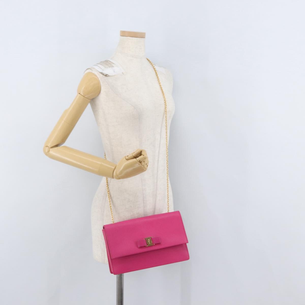 Salvatore Ferragamo Vala Chain Shoulder Bag Leather Pink Gold Auth 172403