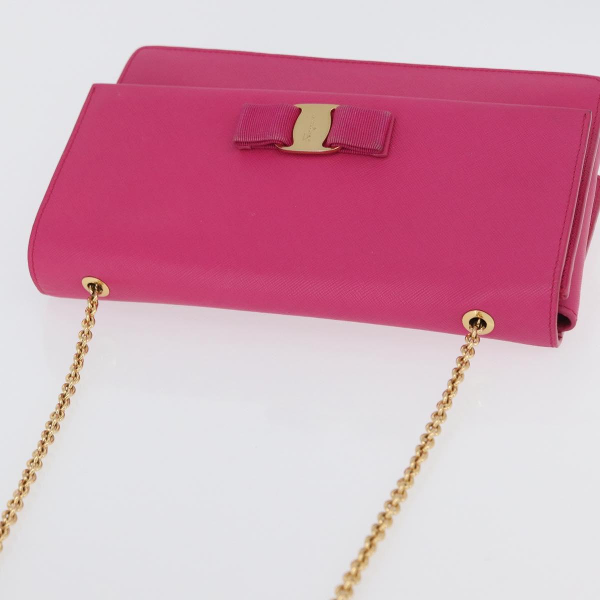 Salvatore Ferragamo Vala Chain Shoulder Bag Leather Pink Gold Auth 172403