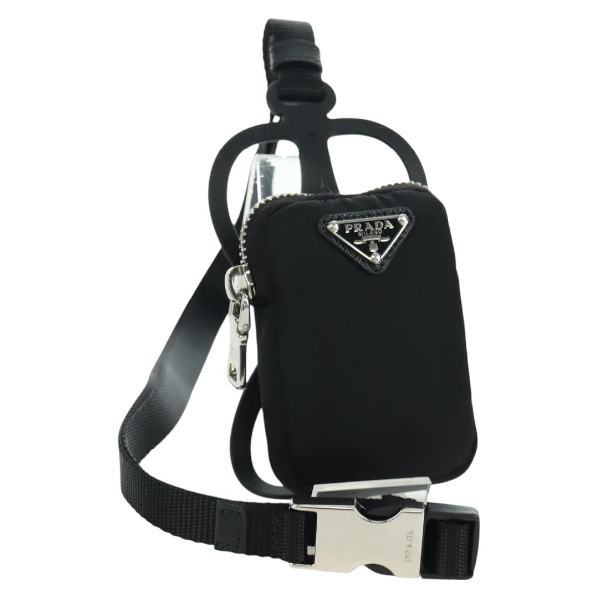 PRADA Phone Holder Pouch Nylon Black Silver Auth 172423M
