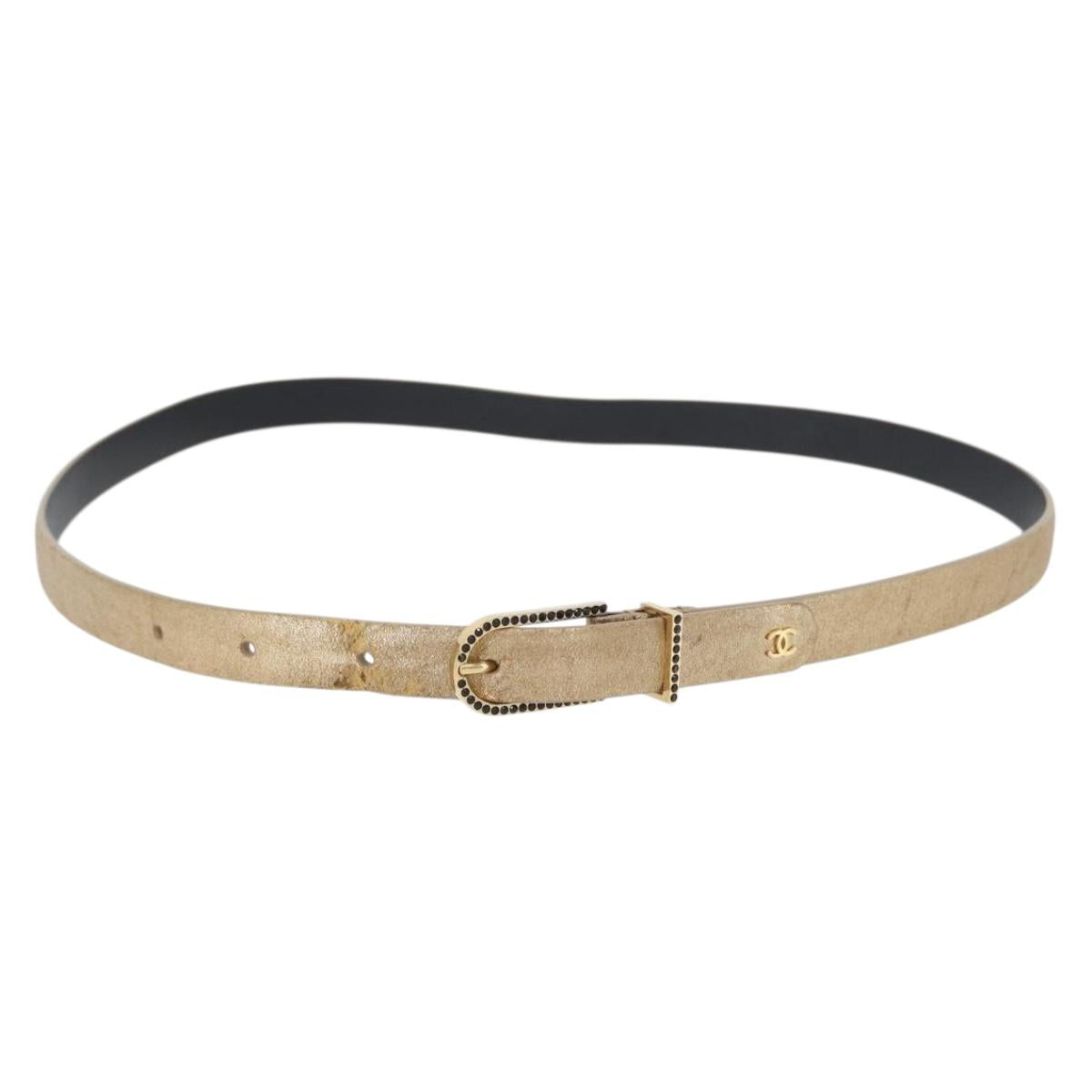 CHANEL Belt Leather 33.5"" Gold CC Auth 172424A