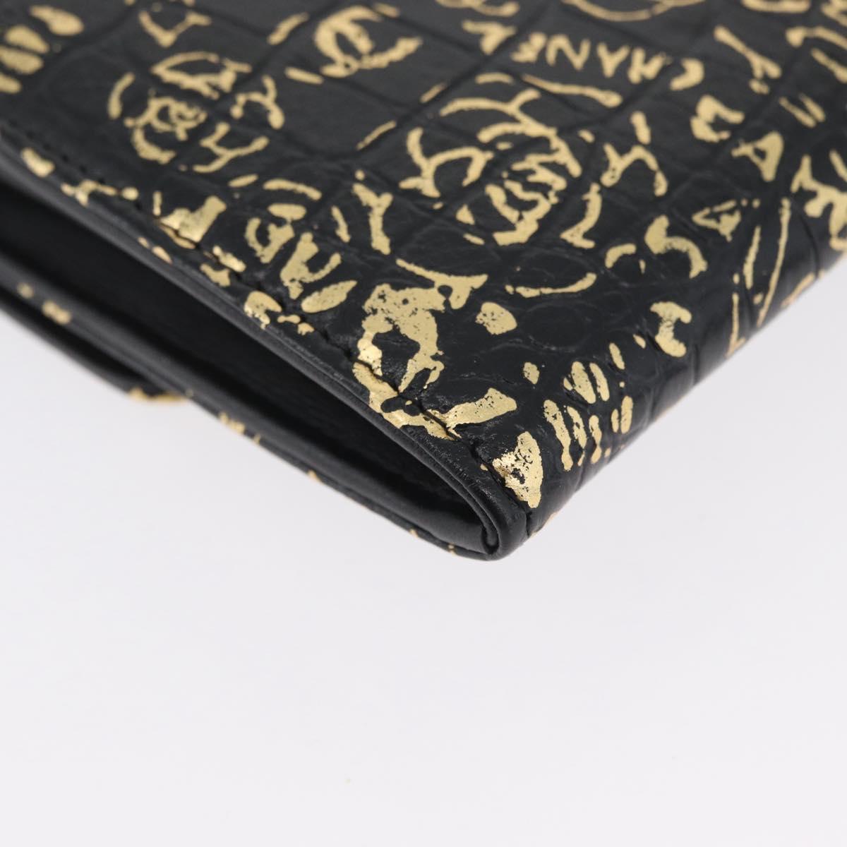 CHANEL 2.55 Long Wallet Croco Embossed Black Gold CC Auth 172450SAV