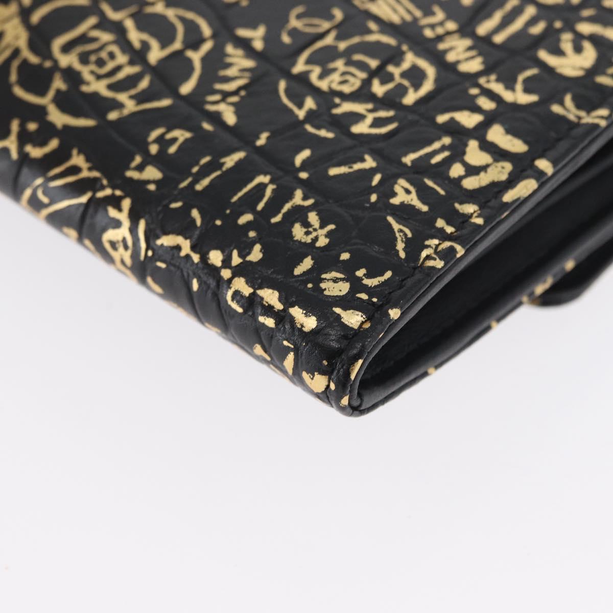 CHANEL 2.55 Long Wallet Croco Embossed Black Gold CC Auth 172450SAV