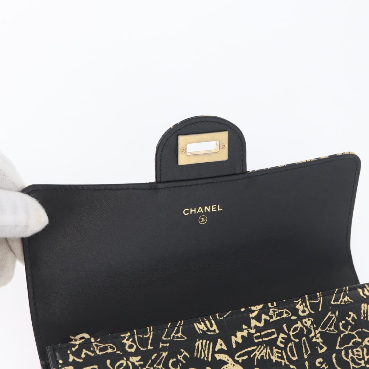CHANEL 2.55 Long Wallet Croco Embossed Black Gold CC Auth 172450SAV