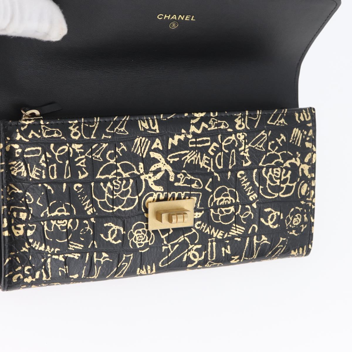 CHANEL 2.55 Long Wallet Croco Embossed Black Gold CC Auth 172450SAV
