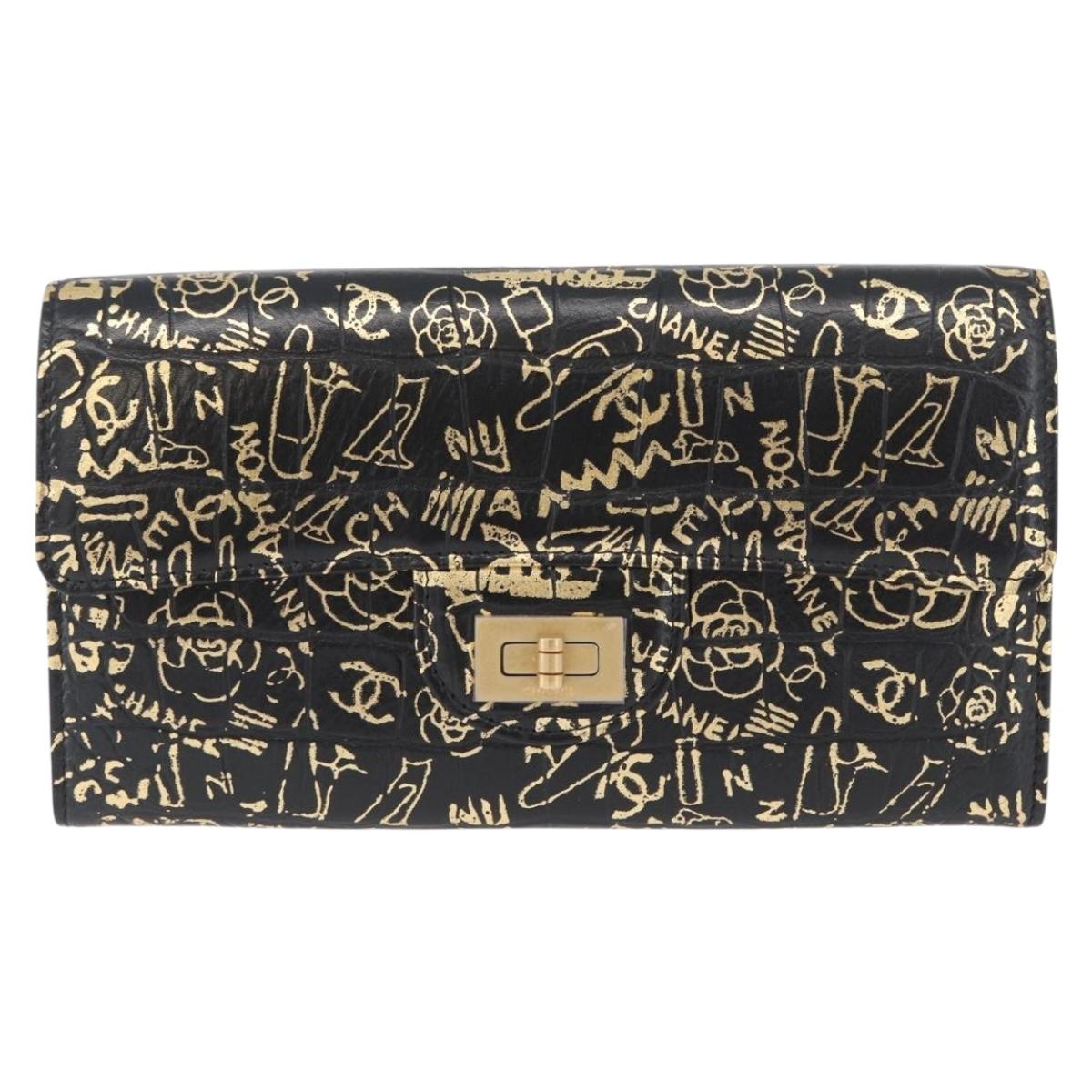 CHANEL 2.55 Long Wallet Croco Embossed Black Gold CC Auth 172450SAV