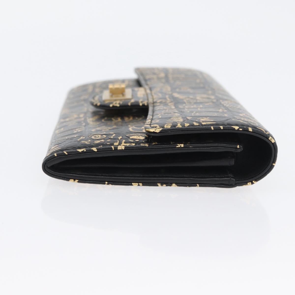 CHANEL 2.55 Long Wallet Croco Embossed Black Gold CC Auth 172450SAV