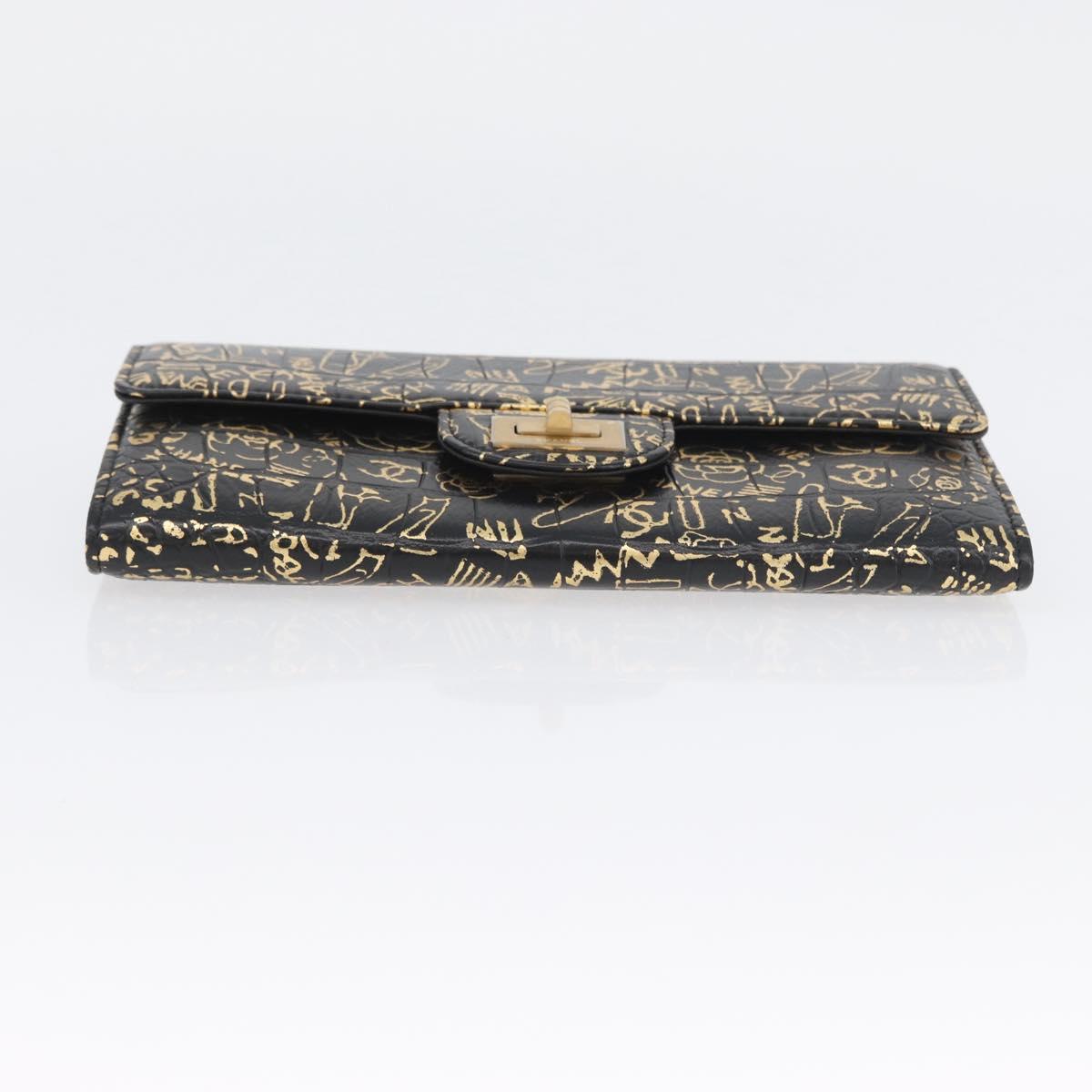 CHANEL 2.55 Long Wallet Croco Embossed Black Gold CC Auth 172450SAV